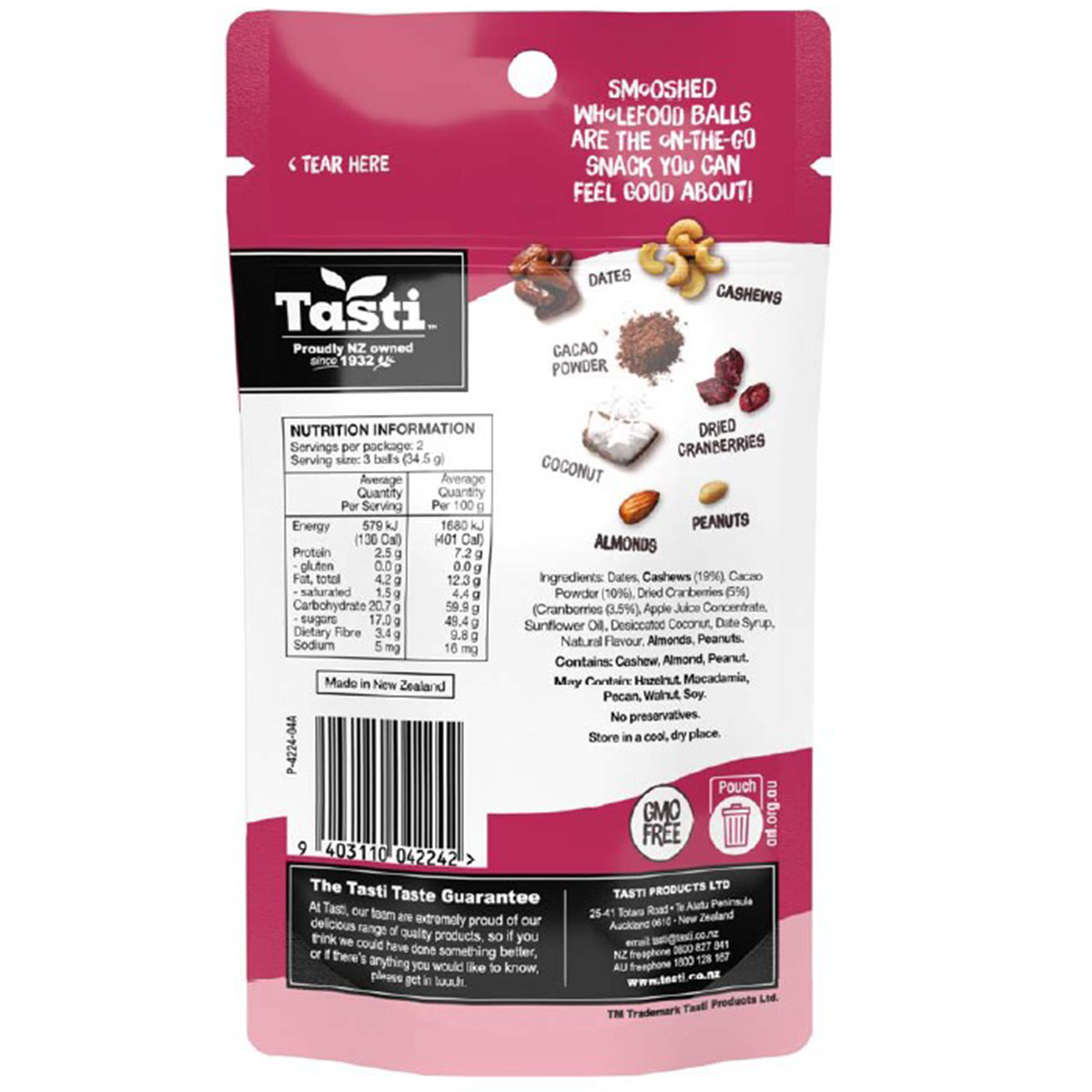 Tasti Smooshed Berry Cashew and Cacao confectionery snack with mixed berries, cashews, and cacao in a close-up view.