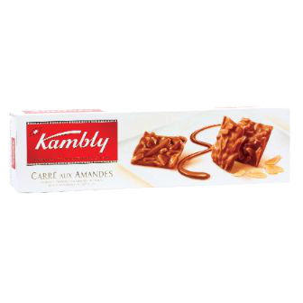 Kambly Carre Aux Amandes almond-filled confectionery snack with a golden-brown exterior and almond pieces visible.