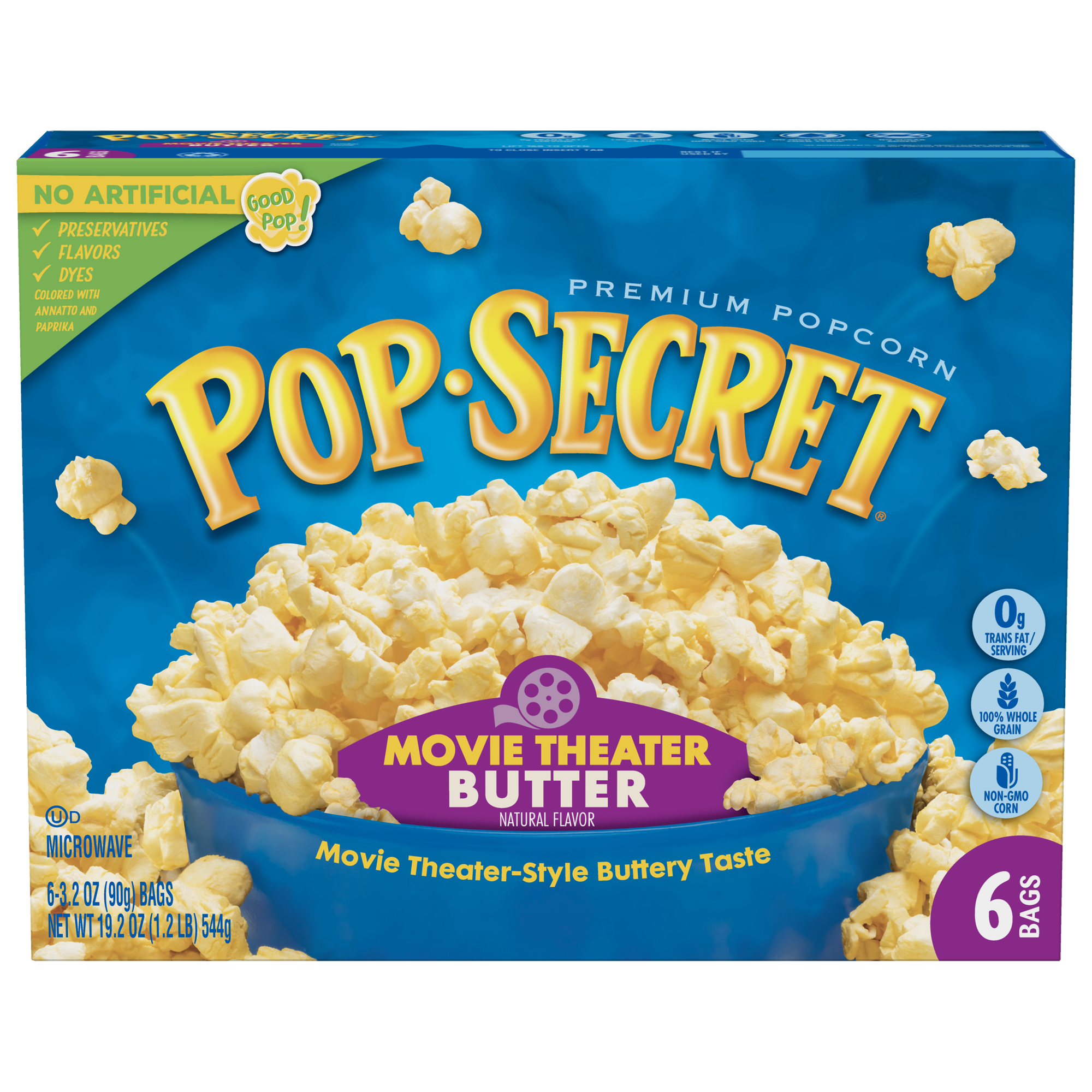 Pop Secret movie theater butter popcorn in a bowl, showing golden, buttery popcorn kernels perfect for snacking.