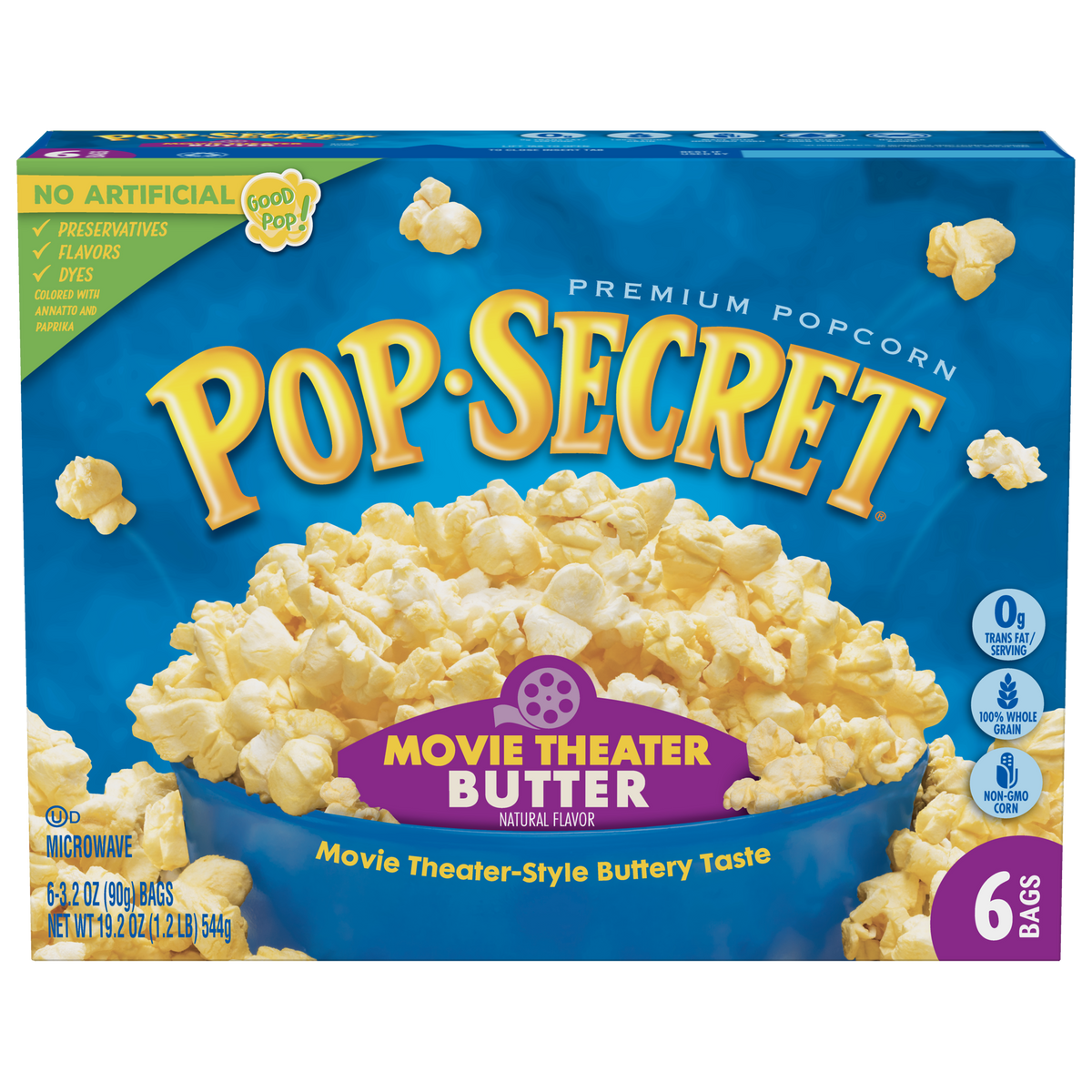 Pop Secret movie theater butter popcorn in a bowl, showing golden, buttery popcorn kernels perfect for snacking.