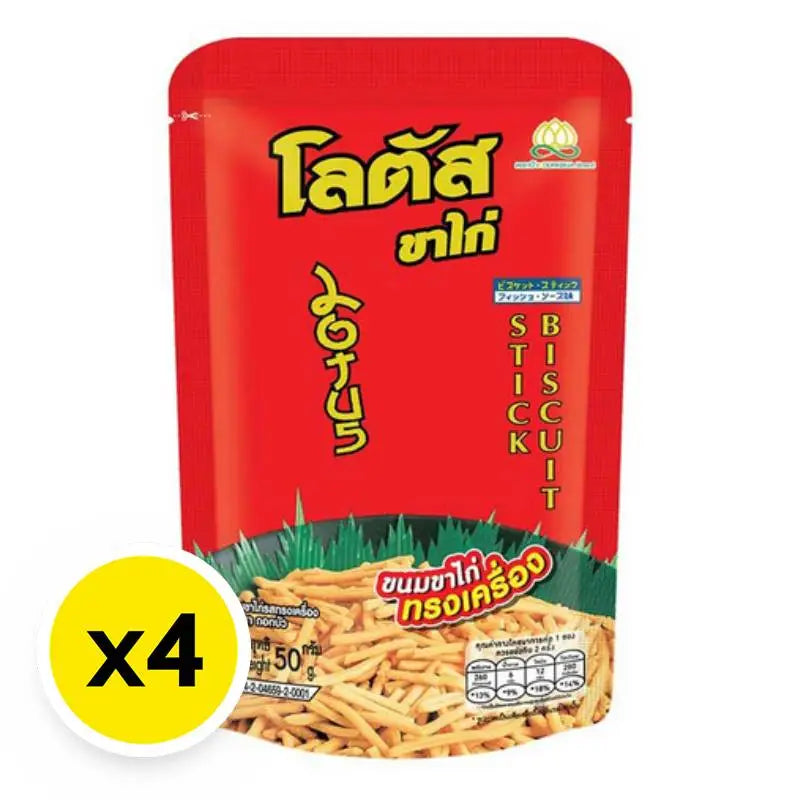 Lotus Stick Biscuit 50g, a pack of four, crispy caramel-flavored biscuits from LOTUS, ideal for snack and confectionery.