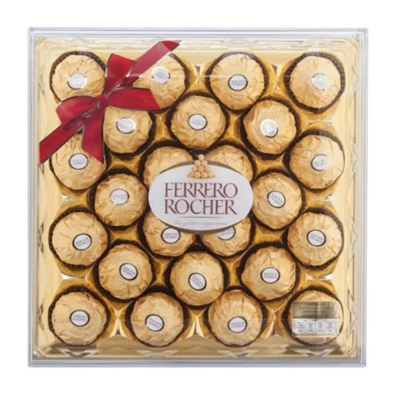 Ferrero Rocher chocolate box with 24 pieces in a 300g package, featuring gold-wrapped hazelnut chocolates.