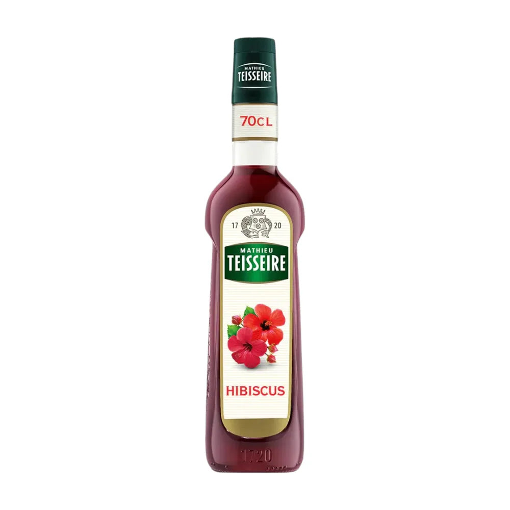Mathieu Teisseire Hibiscus Syrup 700ml bottle, rich red color, used for flavoring drinks and desserts in dry grocery.