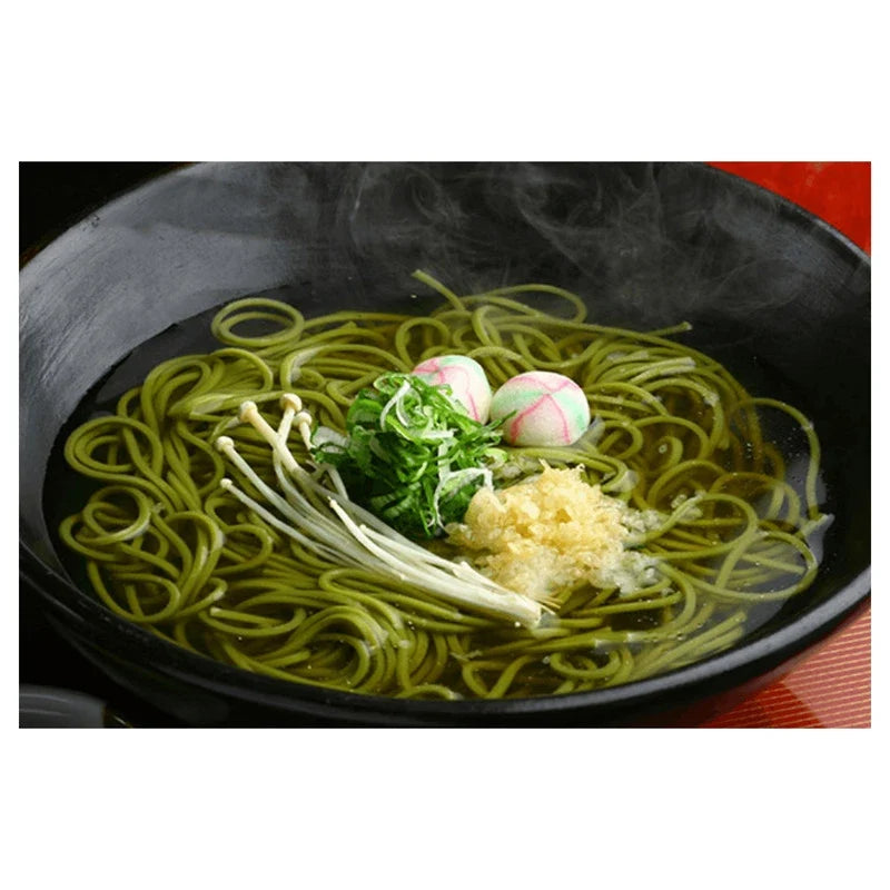 Kanesu Chasoba Uji Midori green tea soba noodles, dry Japanese soba made with green tea, displayed in a bowl.