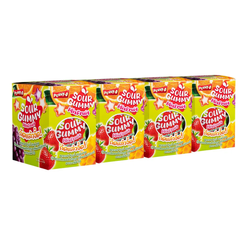 PENNYO Peeny-o Sour Gummy Mixed Fruit candies in 12g packs, colorful chewy snack for dry grocery and confectionery.