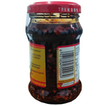 Laoganma Crispy Chilli Paste jar with red chili peppers and label, showcasing the spicy, savory condiment for Asian cuisine.