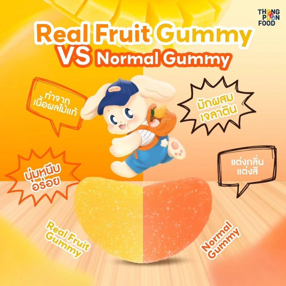 Thong Poon Gummy Jelly with real mango and berry flavor, 150g, colorful confectionery snack in a clear plastic package.