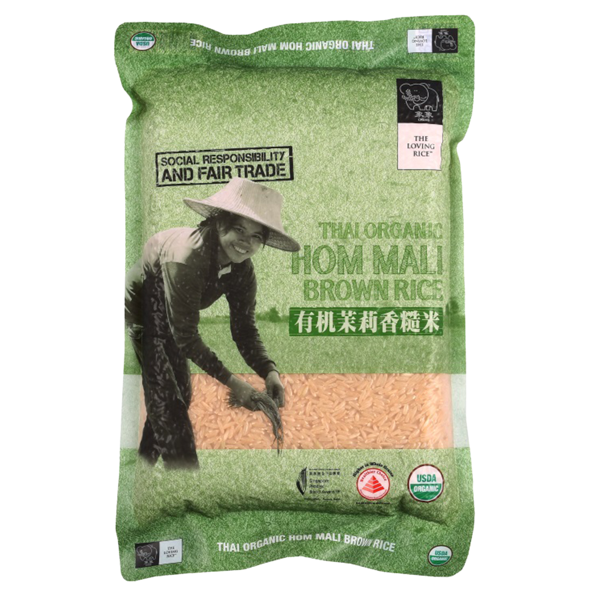 Chang Thai Organic Hom Mali Brown Rice in a grocery package, showcasing the rice grains and packaging design.