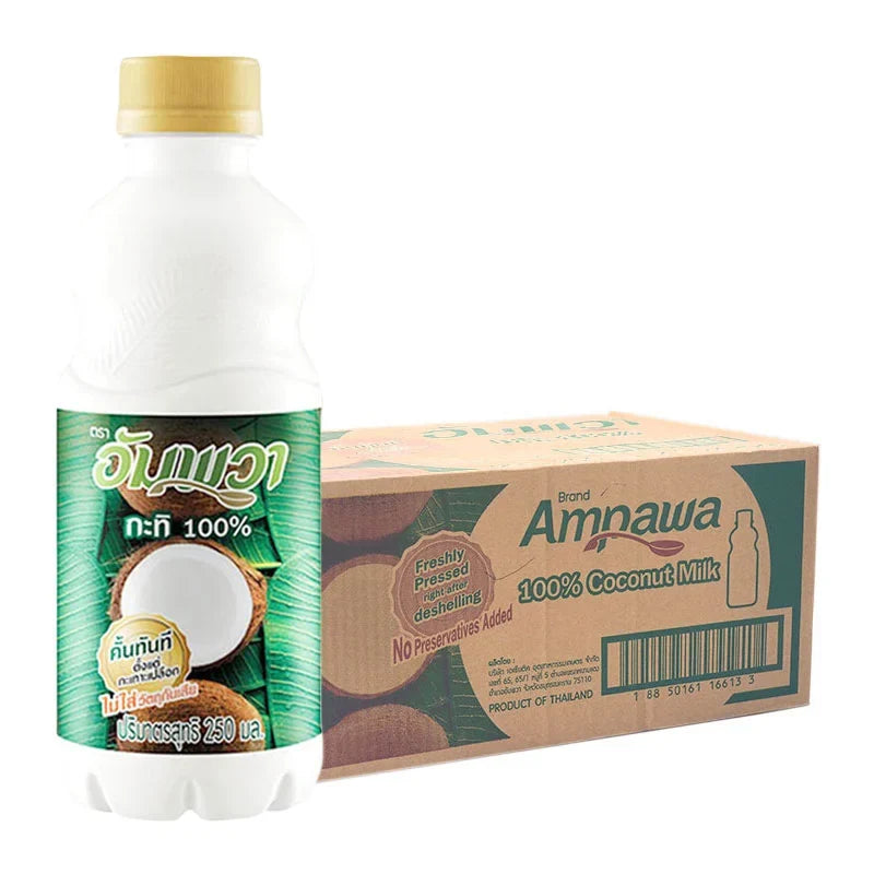 Ampawa Coconut Milk PET 250ml bottle, 24-pack of dry grocery product with creamy coconut milk from the AMPAWA brand.