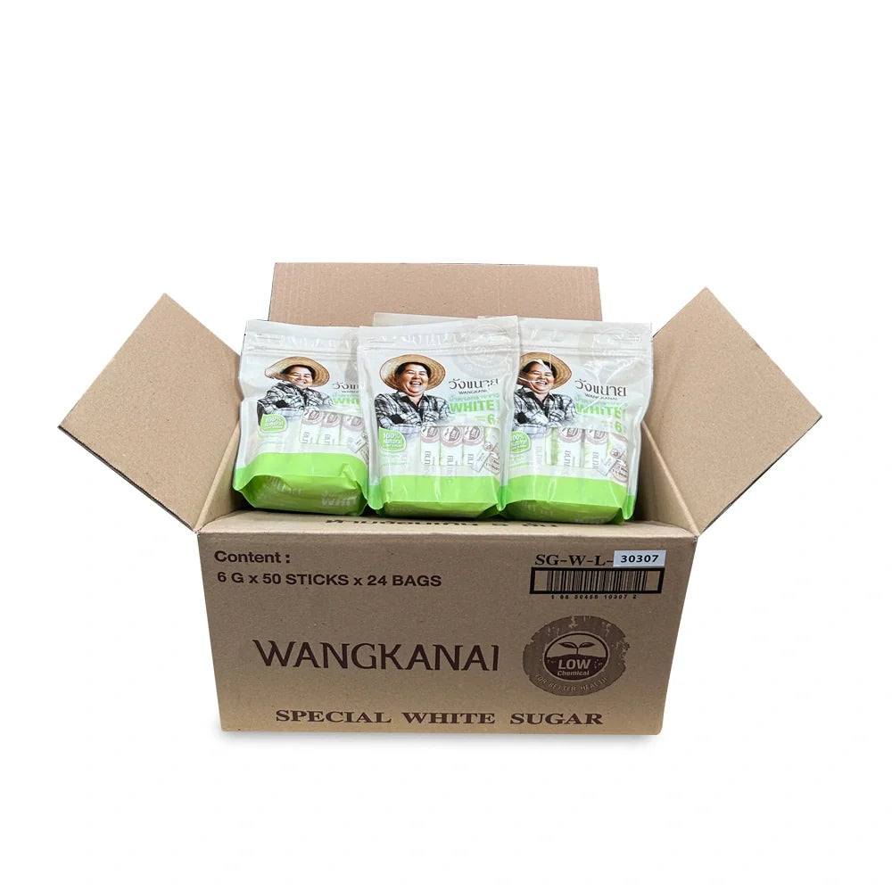 Wangkanai White Sugar Sachets 6g, individual dry grocery packets with white sugar for beverages or cooking.