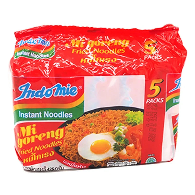 Indo MIE Mi Goreng fried noodles in 85g packs, dry grocery product by INDO MIE, showing cooked noodles in a bowl with seasonings