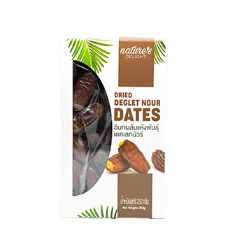 Dried dates from Nature's Delight, a healthy confectionery snack showing shiny, wrinkled dates in a close-up view.