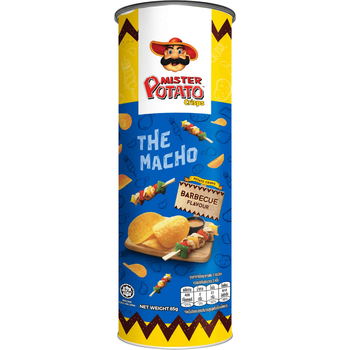 Mister Potato barbecue potato crisps in a colorful snack bag, showcasing crunchy snack chips from the Mister Potato confectionery snacks line.