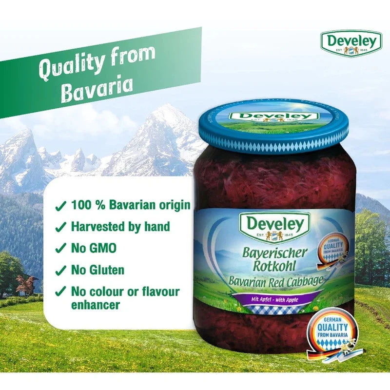 Develey Red Cabbage in a 680g jar, ready for use in dry grocery or cooking recipes.
