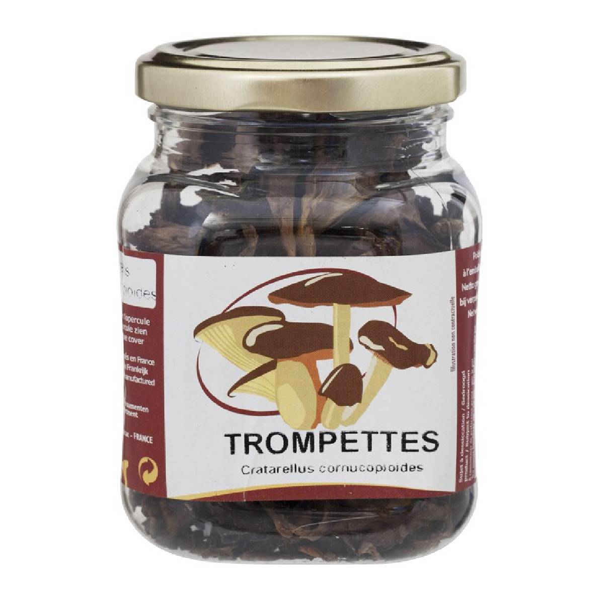Dried Sabarot trumpet mushrooms in a clear bag, ready for cooking or culinary use.