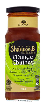 Jar of Sharwood's Smooth Mango Chutney with a label showing ripe mangoes and chutney, ideal for Indian cuisine.