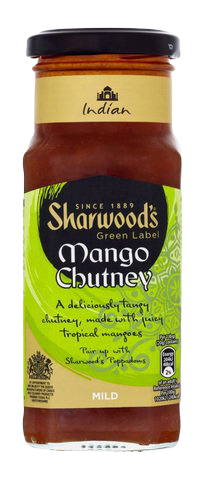 Jar of Sharwood's Smooth Mango Chutney with a label showing ripe mangoes and chutney, ideal for Indian cuisine.