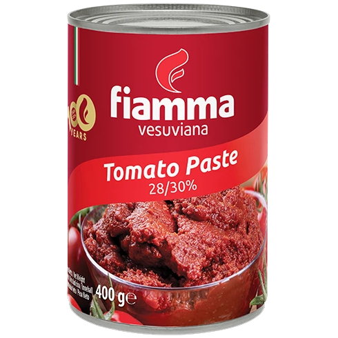 Fiamma Vesuviana Tomato Paste jar from grocery store, showing the label and product packaging in a close-up shot.