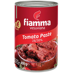 Fiamma Vesuviana Tomato Paste jar from grocery store, showing the label and product packaging in a close-up shot.