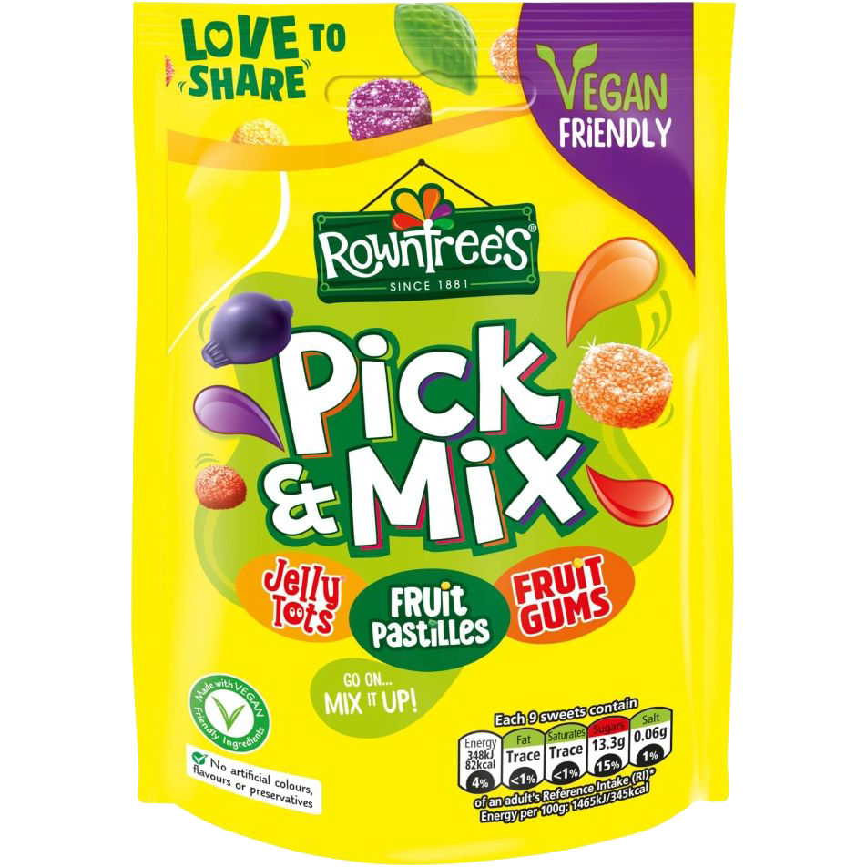 Assorted Rowntree's Pick & Mix confectionery snacks with colorful candies and chocolates in a clear bowl.
