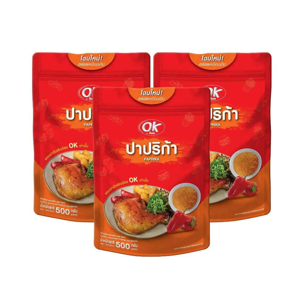 OK Shaking Powder Paprika Flavor 500g, vibrant red spice in a resealable container, perfect for seasoning dishes.