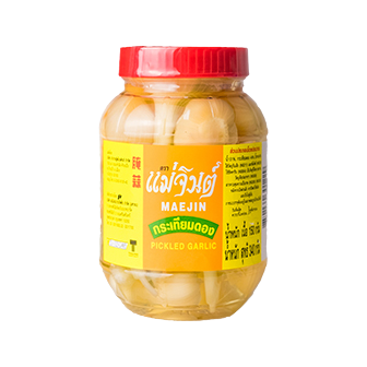 Jar of Maejin Pickled Garlic showing whole garlic cloves submerged in pickling liquid.