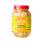 Jar of Maejin Pickled Garlic showing whole garlic cloves submerged in pickling liquid.