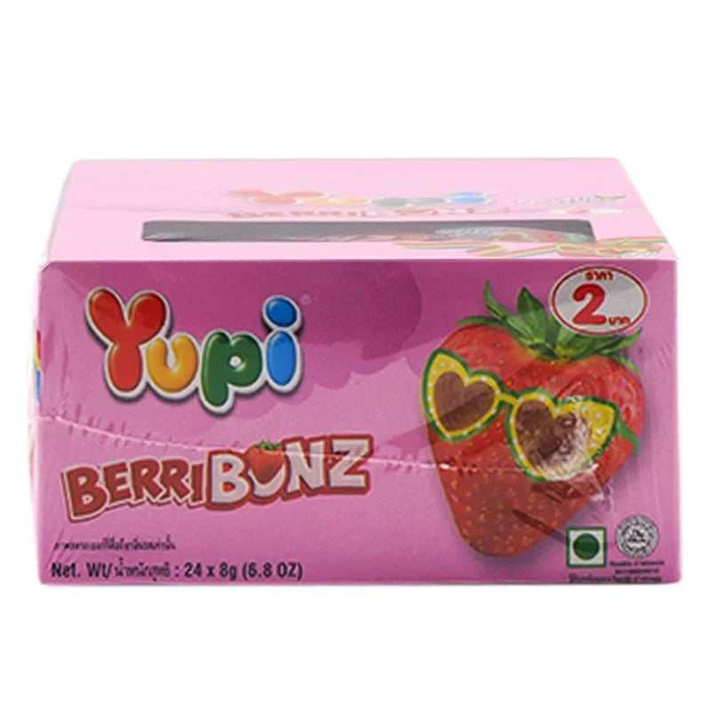 YUPI Gummy Berry Bonz, 7g snack packs, colorful gummy candies in a clear bag, perfect for sweet snack cravings