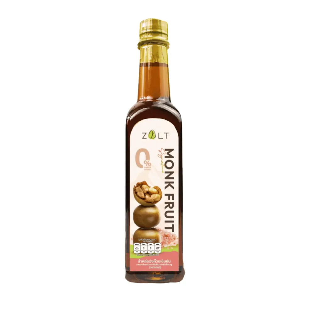Zalt Luo Hang Guo syrup mixed with pink salt in a squeeze bottle, used as a flavorful ingredient in dry grocery recipes.