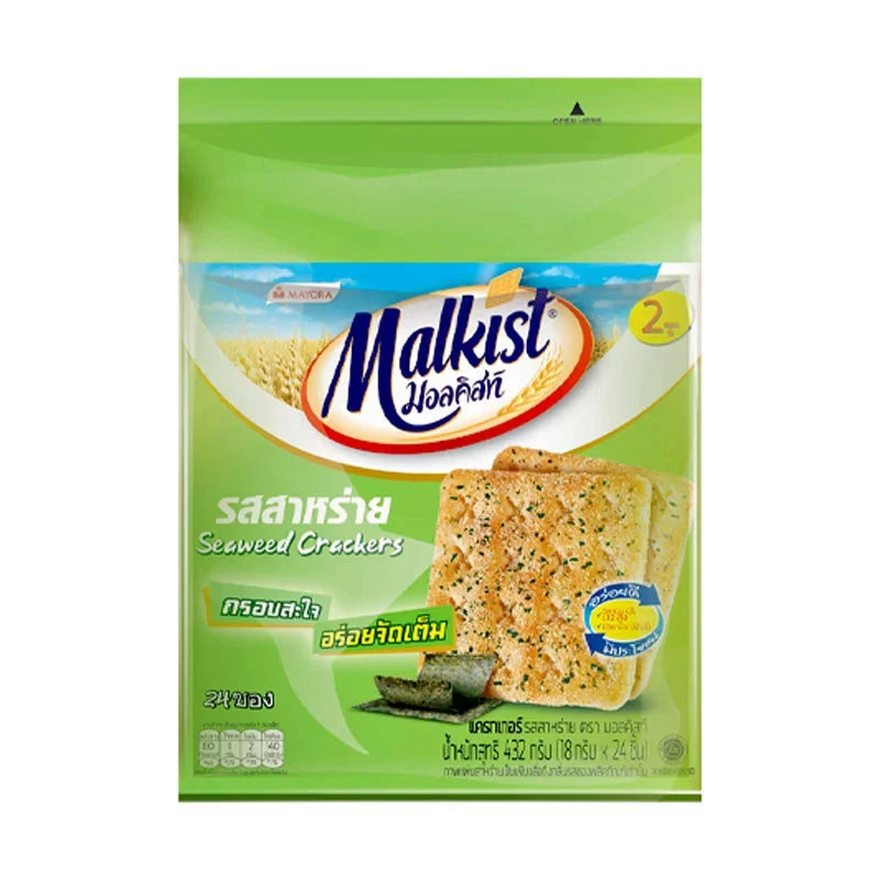 MALKIST Seaweed Crackers in 14g snack packs, crispy dry grocery snack with seaweed flavor, stacked in a box.