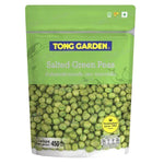 Tong Garden Salted Green Peas in 450g dry grocery snack bag, showing green peas with salt on the surface.