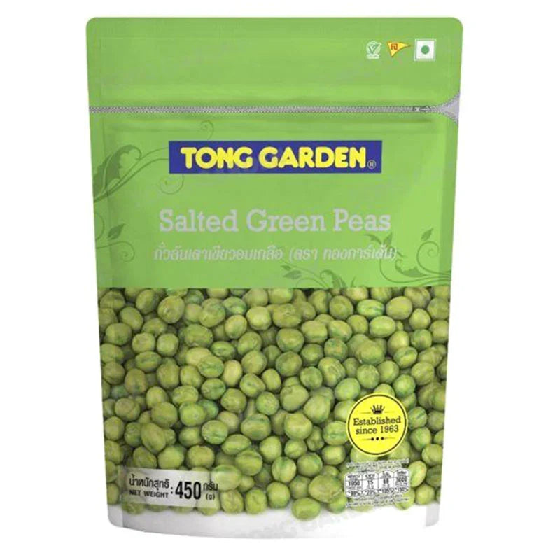 Tong Garden Salted Green Peas in 450g dry grocery snack bag, showing green peas with salt on the surface.