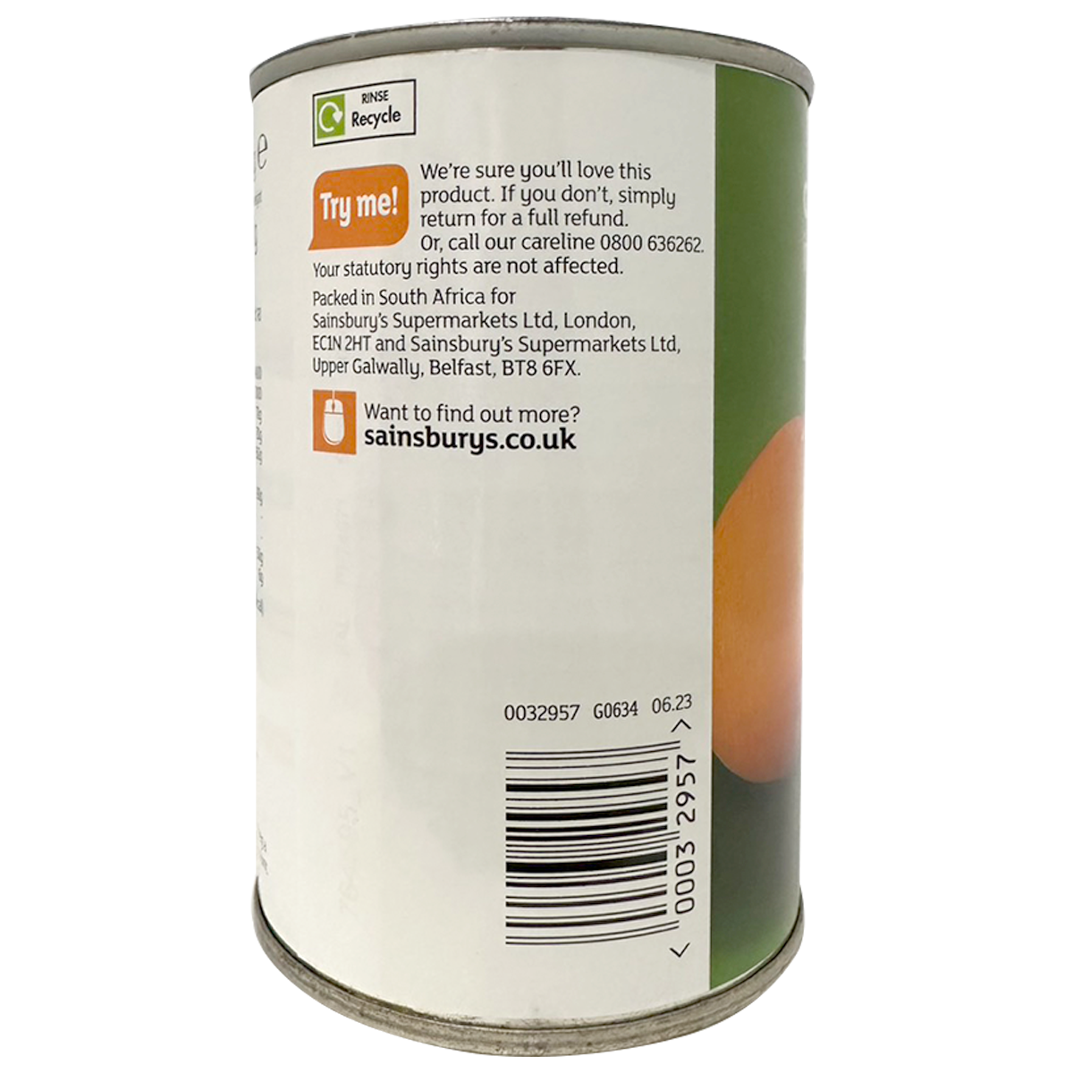 Canned apricot halves in fruit juice in a Sainsbury's grocery product can with golden apricots visible in syrup