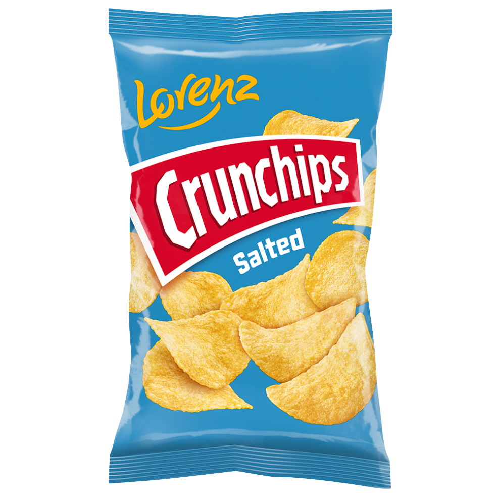 Lorenz Crunchips Salted snack bag showing salted potato chips in a colorful packaging.