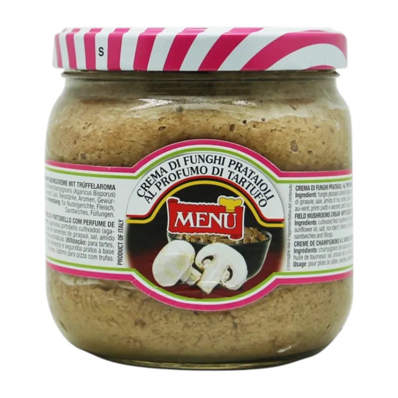Menu Cream of Champignons Truffle in 760g jar, creamy mushroom and truffle soup or sauce, dry grocery product with label visible.