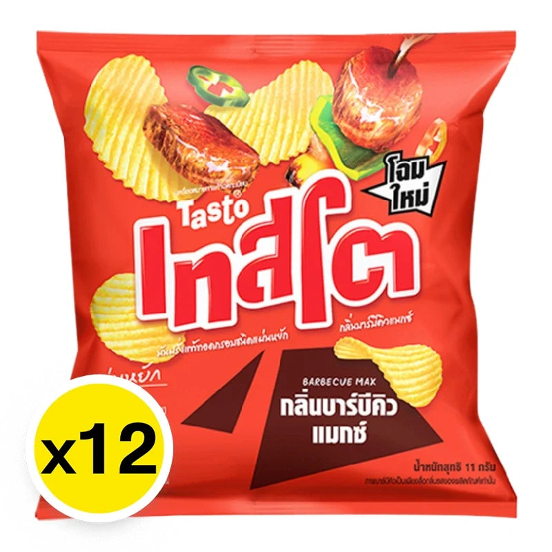 Tasto Potato Chips Barbecue flavor, 11g snack packs, crispy dry grocery snack, 12-pack of flavorful potato chips.