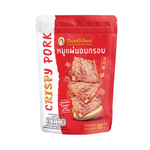 Crispy pork slices from Pung Ngi Chiang grocery brand, showing golden, crunchy texture on a white plate.
