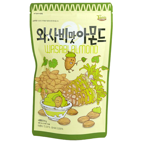 Toms Wasabi Almond confectionery snacks in a clear bowl, showcasing crunchy almonds coated with spicy wasabi flavor.