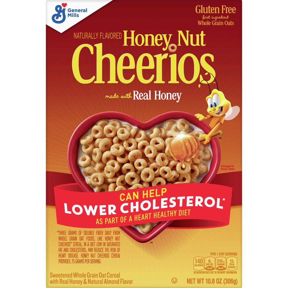 Bowl of General Mills Honey Nut Cheerios cereal with milk, showing whole grain oats and honey nut flavor pieces close-up.