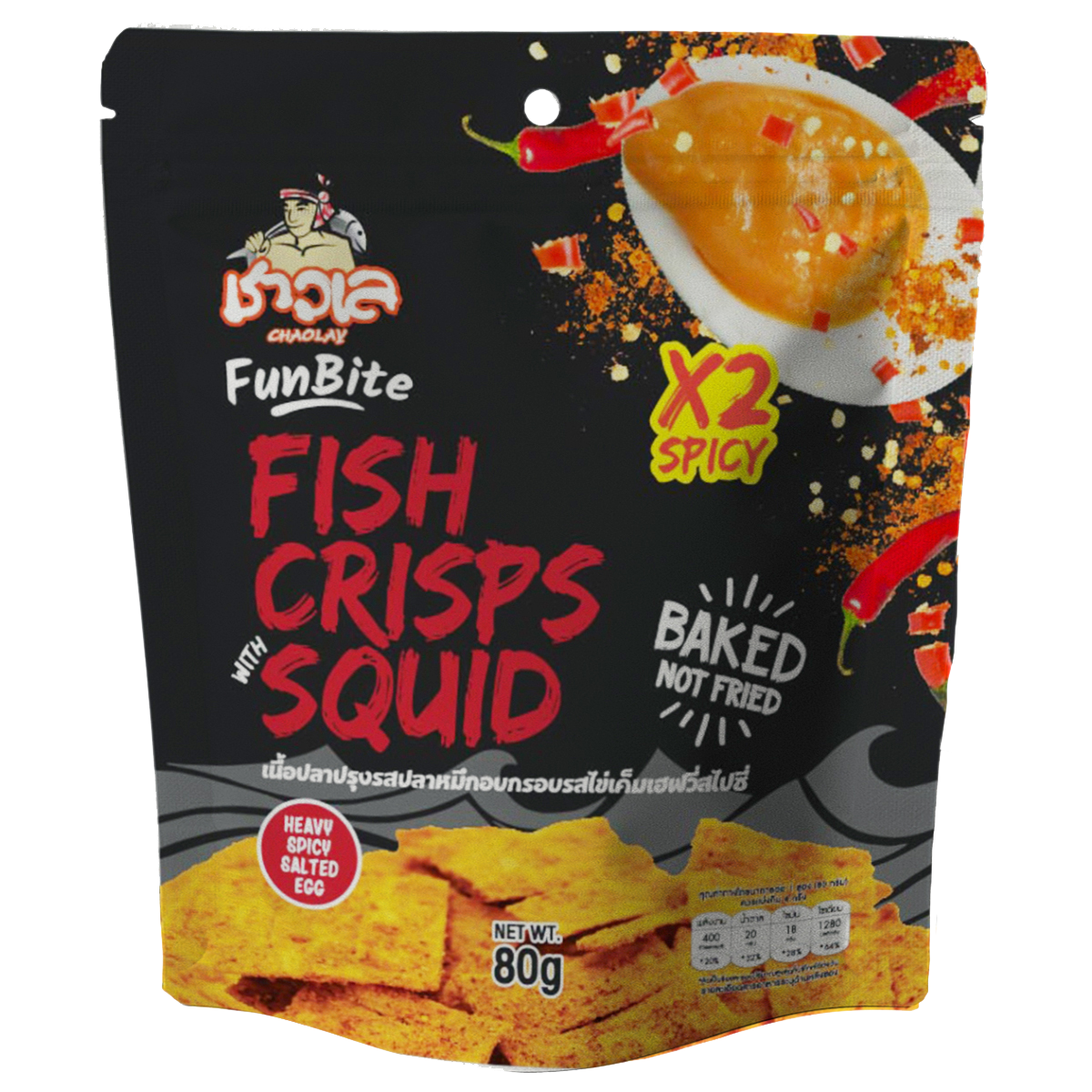 Chaolay Fish Crispy with Squid, a spicy salted egg flavored snack featuring crunchy seafood bites in a colorful package.