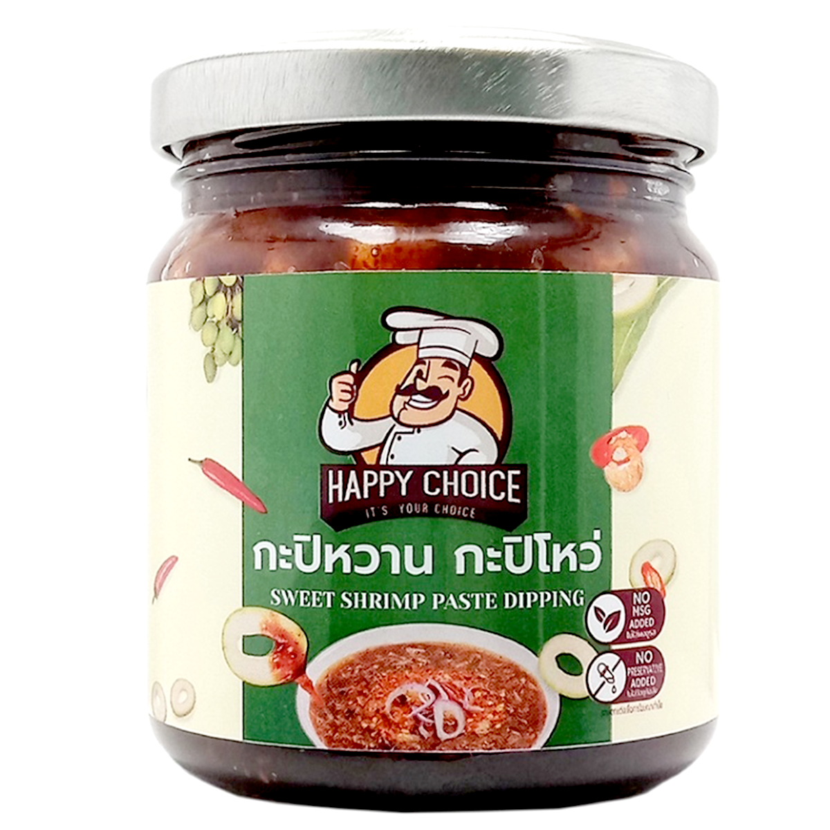Happy Choice Sweet Shrimp Paste in a jar, a savory seafood condiment for cooking and flavoring dishes.