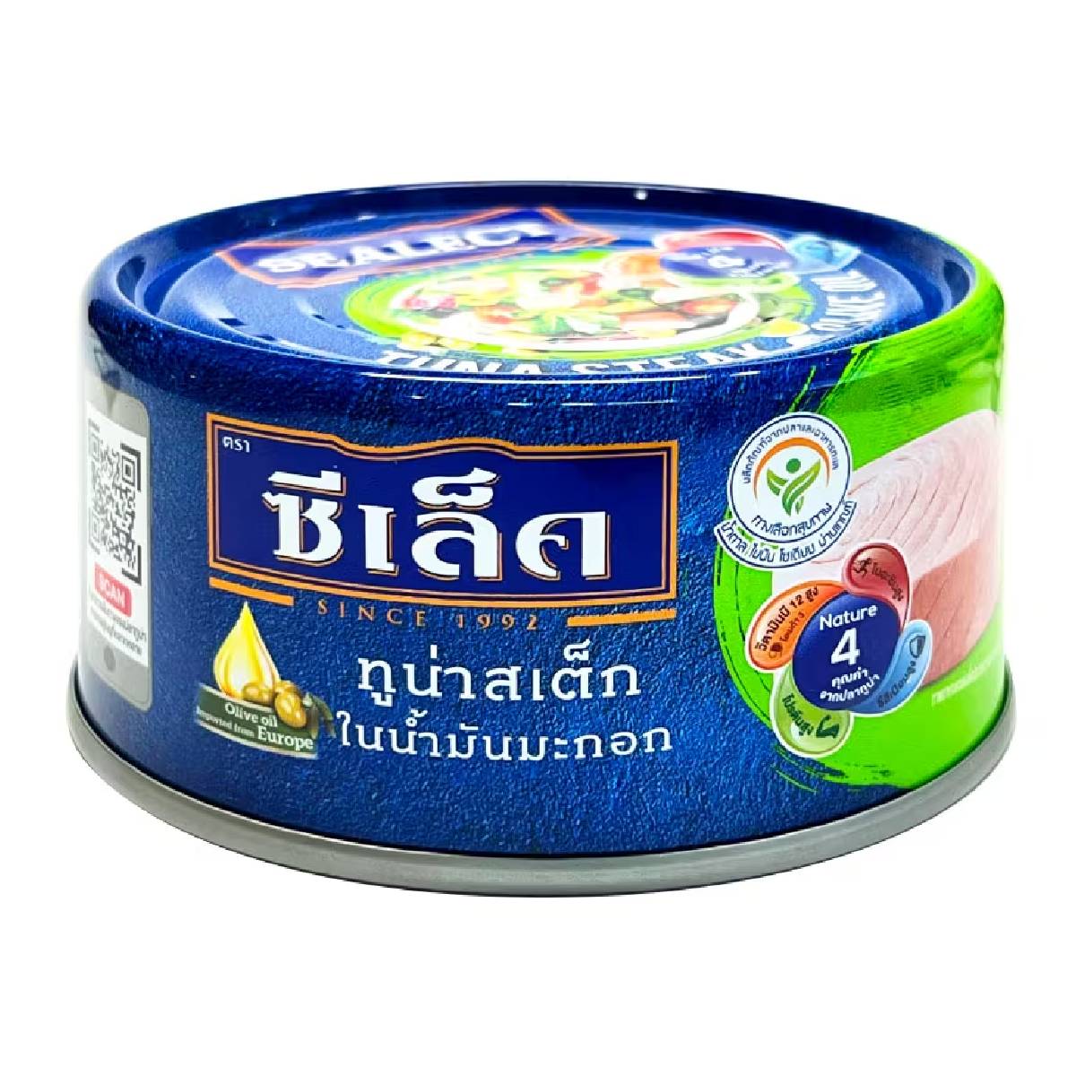Canned Sealect Tuna Steak in olive oil, shiny silver can with label, ready for seafood dishes or salads.