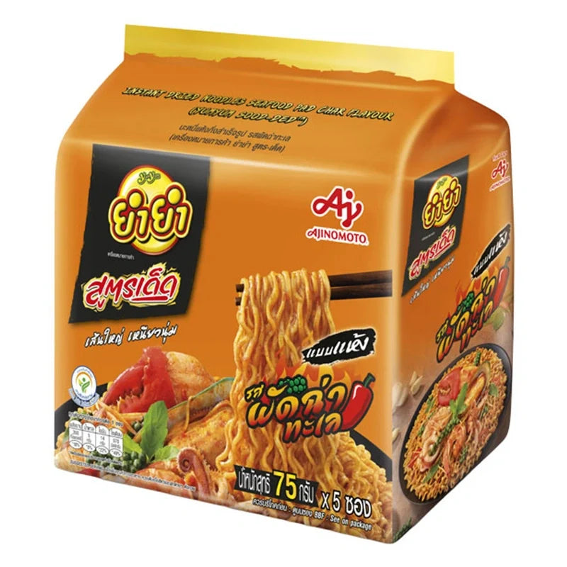 YUMYUM Seafood Pad Char instant noodles in 75g packs, dry grocery product featuring seafood flavor and vibrant packaging.