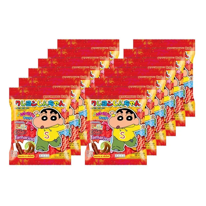 Shinchan Candy Mixed Flavor Cola Tamarind 18.9g x12 packs, colorful dry grocery snacks with fruity and tangy confectionery.