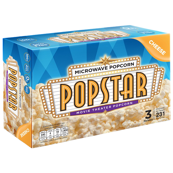 Popstar Popcorn Microwave Cheese flavor in a bright package, ready to enjoy as a tasty confectionery snack.