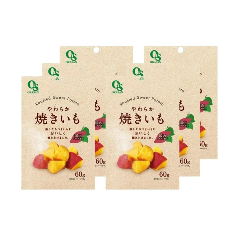 Okasan Soft Baked Steamed Sweet Potato Yawaraka Yakiimo snack in a clear package, showcasing the dry grocery confectionery product.