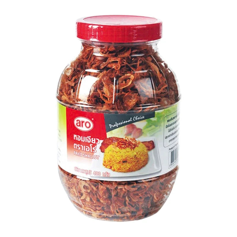 A jar of ARO Fried Shallots 400g in clear packaging, showing crispy golden fried shallots for cooking and garnishing.