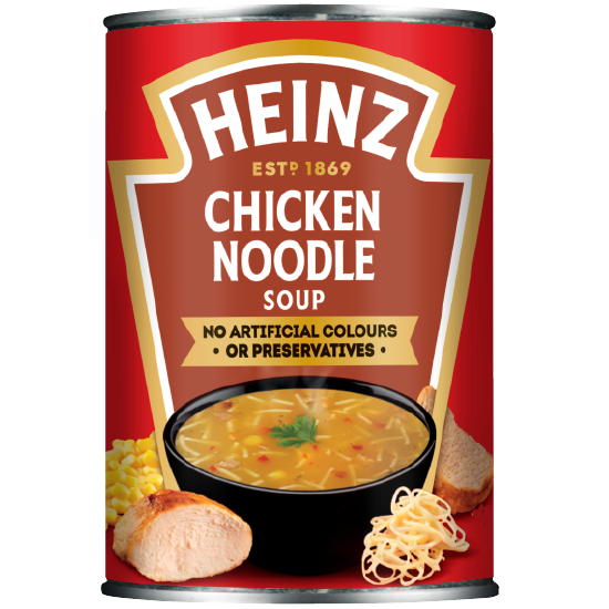 Heinz Chicken Noodle Soup in a bowl, showcasing chunks of chicken, noodles, and vegetables in a clear broth.