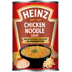 Heinz Chicken Noodle Soup in a bowl, showcasing chunks of chicken, noodles, and vegetables in a clear broth.