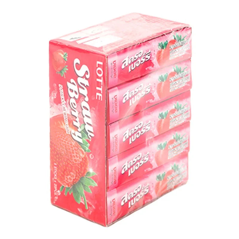 Lotte Strawberry Gum 13.5g packs, colorful individually wrapped chewy strawberry-flavored confectionery, 20-piece pack.